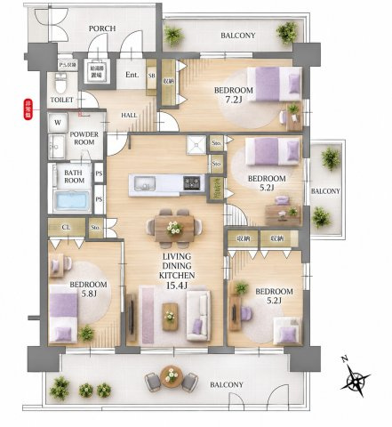 【間取り】 | ロワールマンション二日市3☆仲介手数料無料☆ | ※本図に表示されている家具・家電・照明・インテリア・観葉植物等は、AIによる配置イメージです。実際には設置されておらず、売買対象にも含まれません。図面と現況が相違する場合は、現況を優先いたします。