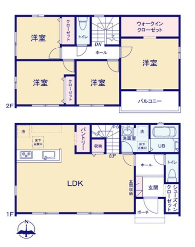 【間取り】 | 前橋市南町2丁目　新築住宅 | 広々LDKにパントリー、シューズインクローゼット、WICなど豊富な収納が魅力の4LDK。水回りが集約された1階の快適動線と、2階に洋室4部屋を確保した、家族みんながゆったり暮らせる間取りです♪