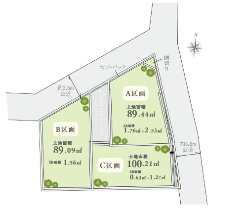 【横浜市南区清水ケ丘220-2全3棟新築戸建て】★仲介手数料無料★（太田小学校・蒔田中学校）の区画図|全3棟の分譲地で、各棟それぞれ異なる敷地形状を活かしたプランニングが魅力です。前面道路との高低差が少なく、カースペースを確保。角地を含み開放感のある住環境が広がります。
