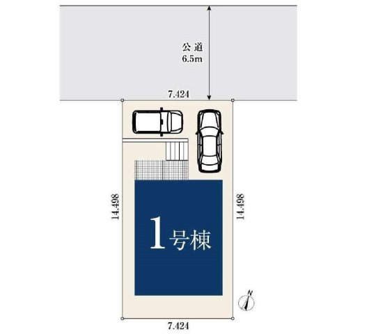 【横浜市南区永田台24-23新築戸建て】★仲介手数料無料★（永田台小学校・永田中学校）の区画図|敷地面積約107㎡の整形地に建つ新築戸建て。前面道路約6.5mで開放感があり、お車の出し入れもスムーズです。カースペースは2台分を確保しており、ご家族で複数台所有の方にもおすすめです。