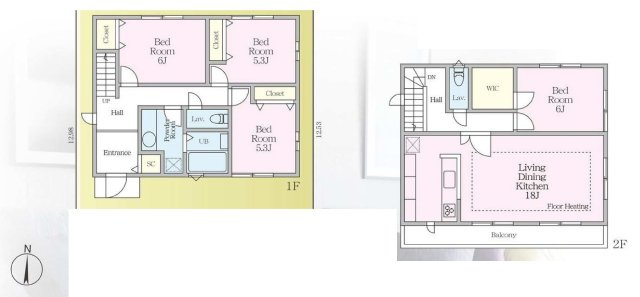 【横浜市南区六ツ川2丁目110-13新築戸建て】★仲介手数料無料★（六つ川西小学校・六ツ川中学校）の間取り|18帖の広々LDKを2階に配置し、陽当たりとプライバシーに配慮した4LDKプラン。主寝室にはWICを備え、全居室収納付き。リビング床暖房や対面キッチンなど、快適な暮らしを支える設備も充実しています。