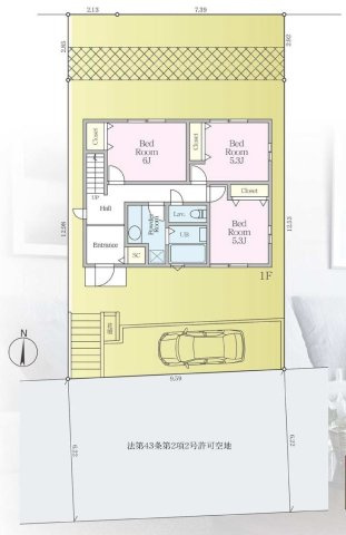 【横浜市南区六ツ川2丁目110-13新築戸建て】★仲介手数料無料★（六つ川西小学校・六ツ川中学校）の間取り|敷地面積約179㎡のゆとりある敷地が魅力。建物の周囲に十分なスペースを確保しており、開放感のある住環境です。カースペース1台分に加え、お庭スペースもあり、ガーデニングなども楽しめます。
