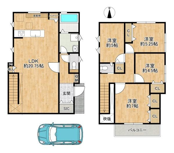 枚方市 大峰元町 ２丁目　中古 一戸建ての間取り|4LDK+SICで車庫は1台駐車可能です。