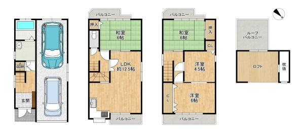 枚方市 野村元町　中古 一戸建ての間取り|4LDKの1台駐車可能。