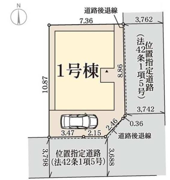 寝屋川市 高柳 ７丁目　新築 一戸建て　１０期　１号棟の区画図|前道は位置指定道路ですが、ゆとりも持って駐車して頂けます。