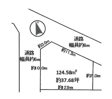 小牧市大字文津　売地の土地図|北西角地。東側へ敷地面積合計54.5坪まで買い増し可能。
