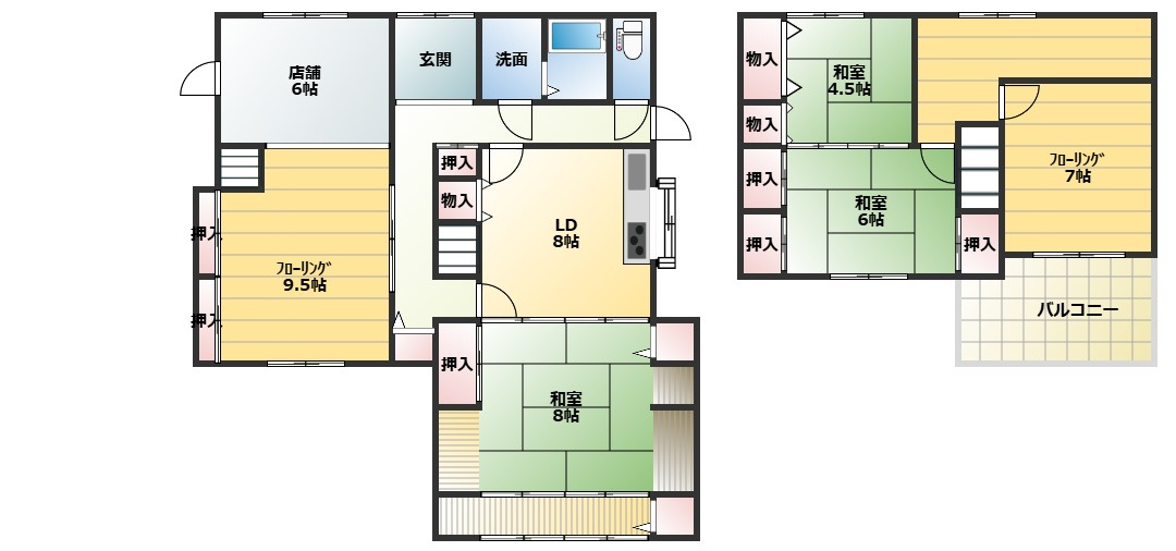 勝原区丁店舗付き戸建ての間取り