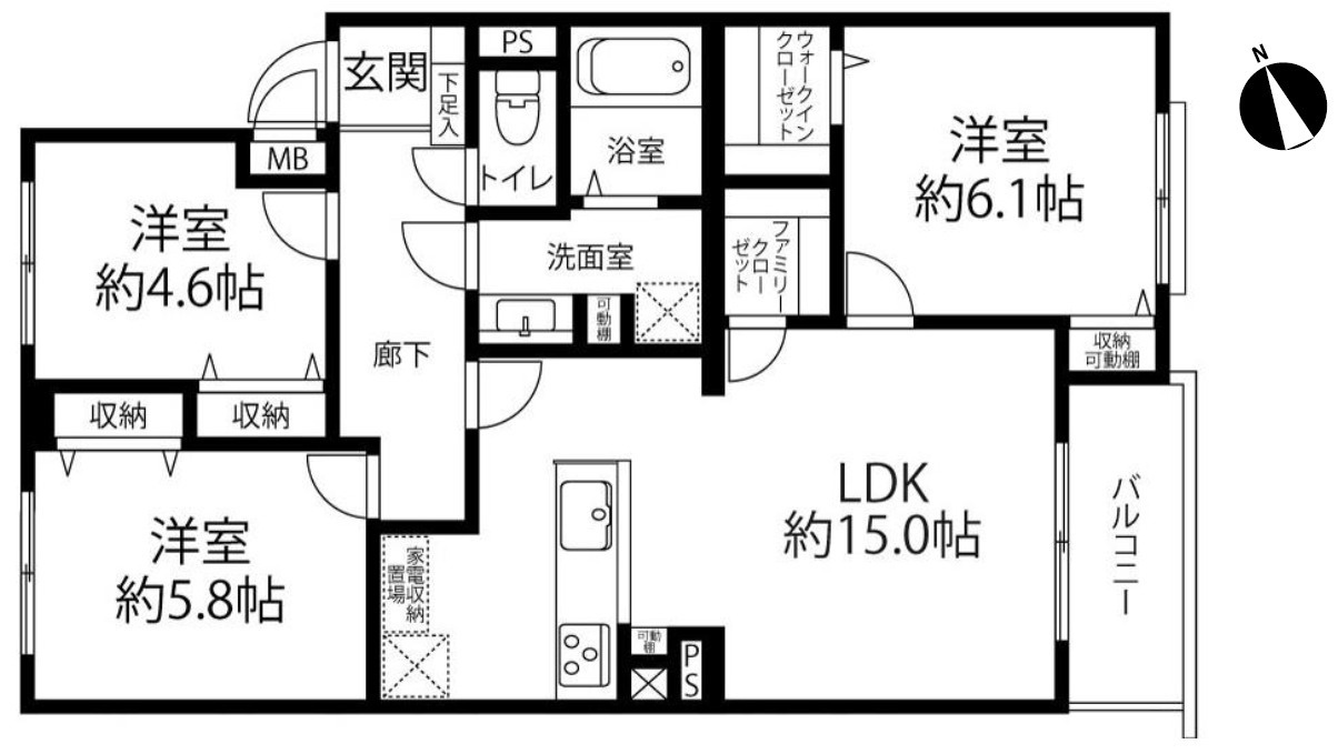 ユニライフ相模台の間取り|3LDK、価格1,499万円、専有面積73.10㎡、バルコニー面積4.35㎡、専用庭面積24㎡
