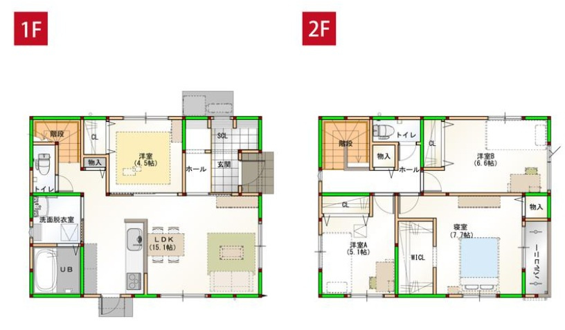 高知市中万々　新築戸建　①（全2区画）の間取り|①　4LDK+WIC+SCL　　建物面積　103.02㎡（約31.16坪）