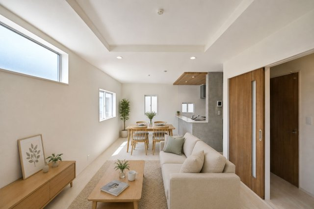 ブルーミングガーデン上田東町新築一戸建て│3LDK+並列駐車2台可（制限有）のダイニング|2階LDKは約16.6帖の広さとなっております。折下天井が採用されたLDKはとても華やかな空間です。※家具・小物はCGによるイメージです。実際には設置されておりません。