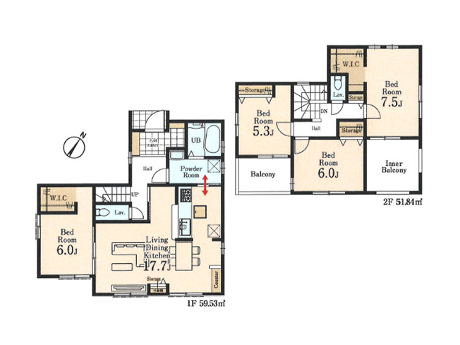 【間取り】 | 新座市あたご3丁目　新築一戸建住宅　全1棟　(保谷店) | 2つのWIC付4LDKの間取り。キッチン、洗面室、浴室が一直線に繋がり家事効率良好です！※図面を基に作成しています。現況と異なる場合は現況を優先いたします。