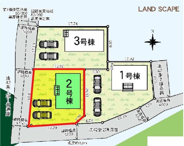 新築　甘楽郡甘楽町福島第１　クレイドルガーデン　2号棟の区画図|2号棟　区画図　南側接道幅員約4ｍ　西側接道幅員約4.1
