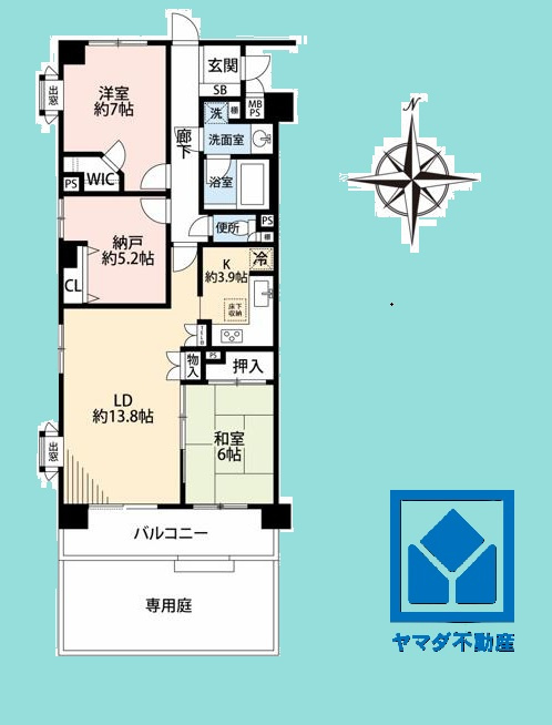 ステイツ苦楽園ガーデンヒルズの間取り|2SLDK、専有面積80平米、バルコニー面積8.32平米、7階建て1階部分。南向きの専用庭14.12平米付き（使用料月額490円）。2026年4月リフォーム済の大変綺麗なお部屋です。