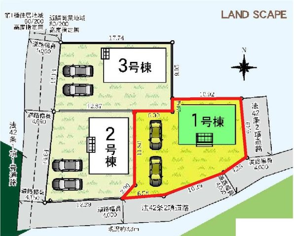 新築　甘楽郡甘楽町福島第１　クレイドルガーデン　１号棟の区画図|1号棟　区画図　南側接道幅員約4ｍ
