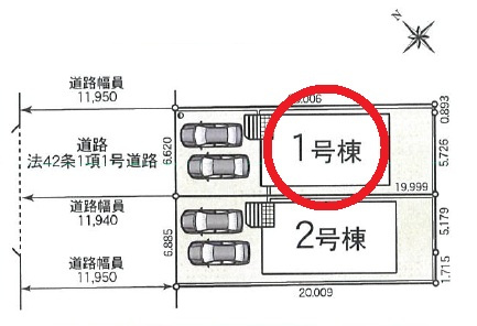 西尾市住崎第7　新築分譲住宅　全2棟　1号棟の区画図