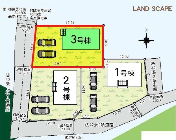 新築　甘楽郡甘楽町福島第１　クレイドルガーデン　3号棟の区画図|3号棟　区画図　西側接道幅員約4.1
