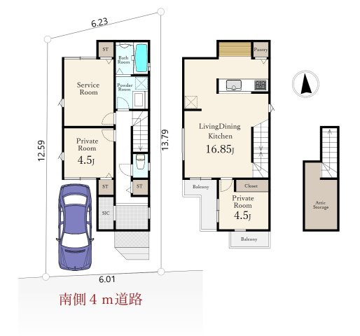 杉並区清水3丁目 限定1棟の間取り|建物面積77.84㎡ 2階建て3LDK(納戸表記を含む)
固定階段付きの小屋裏収納やSIC、パントリーなど収納豊富な間取りです