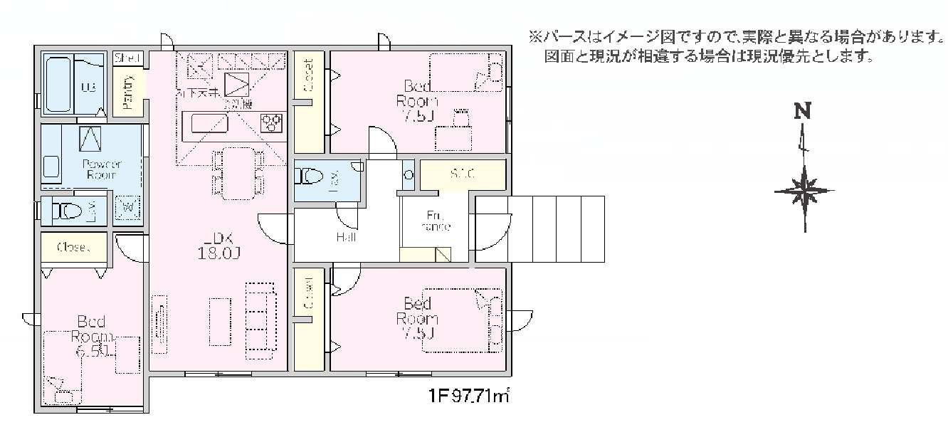 新築　富岡市富岡1期　LiGNAGE　2号棟の間取り|建物面積97.71㎡　広々18帖のLDK・全居室6帖以上の平屋のお家♪シューズインクローク・パントリー・各部屋収納付きで便利！おトイレが2か所あるのはありがたいですね！