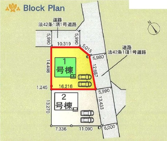 新築　高崎市吉井町神保第２　クレイドルガーデン　１号棟の区画図|1号棟　区画図　南東側接道幅員約5.9ｍ　北東側接道幅員約5.9ｍ

