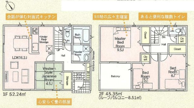 新築　高崎市吉井町神保第２　クレイドルガーデン　2号棟の間取り|建物面積97.59㎡　全居室南向きで日当たり良好♪各部屋収納付きで便利です！日当たりの良いバルコニーはお洗濯物もよく乾きそうです◎
						
