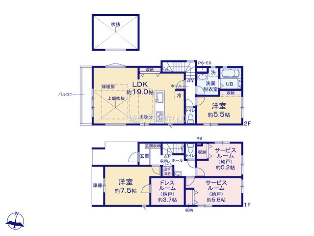 練馬区田柄2丁目 全3棟 1号棟の間取り|建物面積110.54㎡（建物面積に車庫面積5.79㎡を含む）
2階建て4LDK(納戸表記を含む) LDKは吹抜け+多面開口で開放感ある空間です