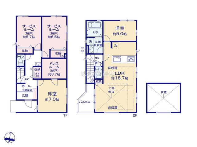 練馬区田柄2丁目 全3棟 3号棟の間取り|建物面積105.78㎡ 2階建て4LDK(納戸表記を含む) 
LDKは吹抜け+多面開口で開放感ある空間です