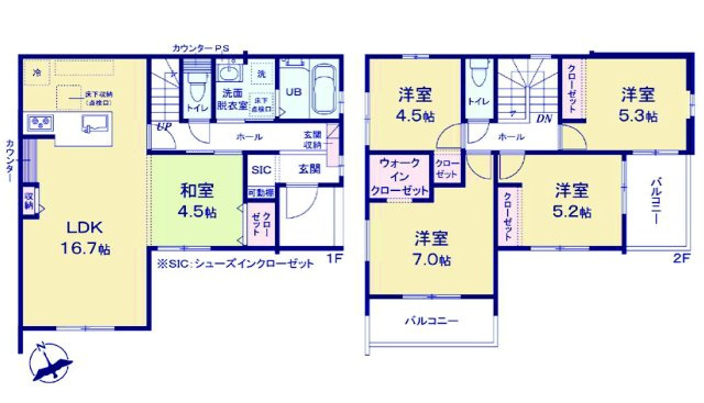 テラシエ高崎市棟高町町1期　1号棟　新築住宅の間取り|収納充実♪南向きの4LDKで陽当たり良好な間取りです！5LDKに間仕切り対応可能！
土地面積181.51㎡、建物面積104.62㎡で十分な広さです！