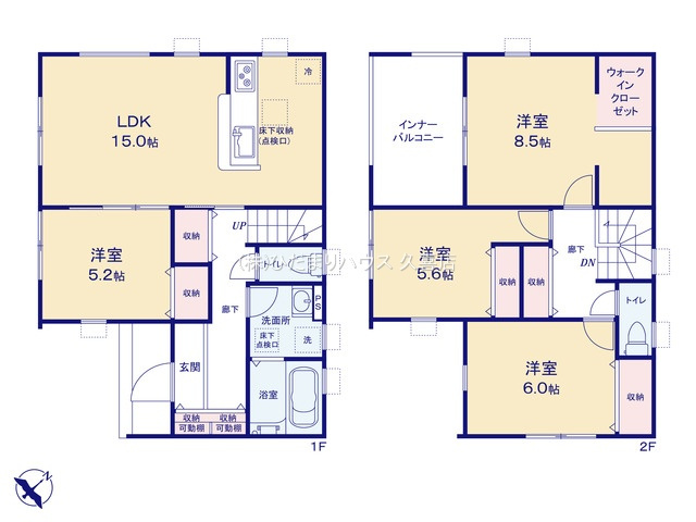 杉戸町下高野第６　新築一戸建て　01　リーブルガーデンの間取り|雨の日でも安心のインナーバルコニーは洗濯物も沢山干せます♪