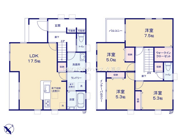 杉戸町下高野第６　新築一戸建て　03　リーブルガーデンの間取り|水回り集中設計で毎日の家事の負担を軽減します♪