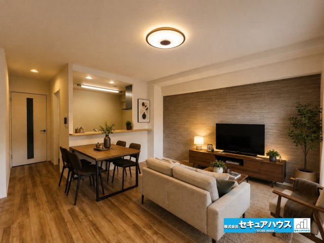 ダイアパレス日進の居間・リビング|【LDK家具を配置したイメージ図】
◆アクセントクロスによりお洒落な空間に仕上がっています。シンプルなデザインのリビングのため、好きなテイストのリビングをつくることができます。
◆南向きで明るいです。