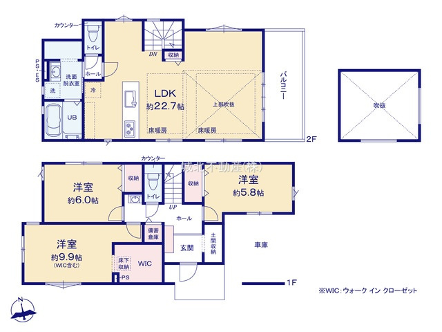 練馬区上石神井南町 限定1棟の間取り|建物面積115.64㎡(建物面積に車庫面積8.28㎡含む)
LDKは広々22.7帖 2階にLDK+水廻りを配した家事動線の良い間取りです