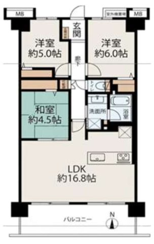 ルモングレース森之宮の間取り|中古マンション　3LDK　専有面積：70.56㎡（壁芯）　バルコニー面積：11.97㎡　南向き