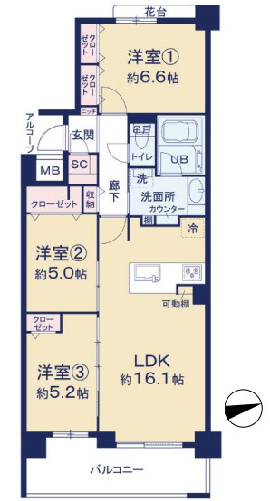ザ・ピースプレイス横浜の間取り|3LDK、専有面積73.69m2、バルコニー面積11.47m2 【間取り図】
