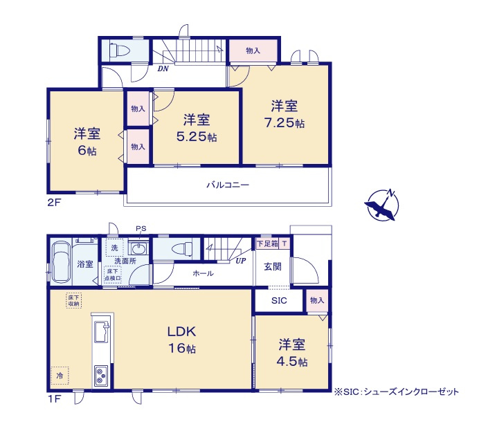 ハートフルタウン 　常陸大宮市宇留野334番　Cの間取り|　
☆洗面室2WAY出入り口で生活動線がコンパクト♪全室明るい南東向きです。収納スペースは全室に配備、玄関もスッキリ片付くSICも配備しました。