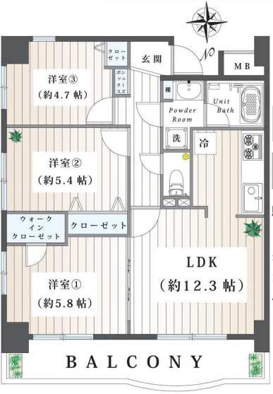 ライトウェーブ蒔田の間取り|３LDKでウォークインクローゼット完備、角部屋につき通風良好の間取りです。
