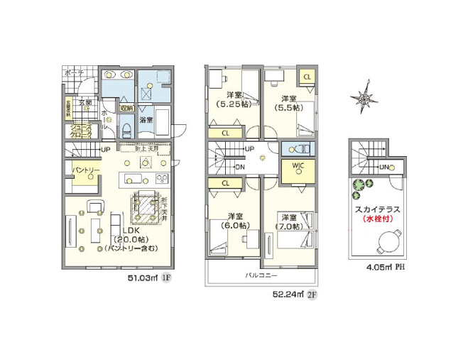 【間取り】 | 東久留米市本町4丁目　新築一戸建住宅　全5棟　(保谷店) | 4号棟/SCやWIC、パントリーなど随所に収納を配置。水回りを1階に集約した間取りにつき、家事動線が短く日々の家事もラクに。※図面を基に作成しています。現況と異なる場合は現況を優先いたします。