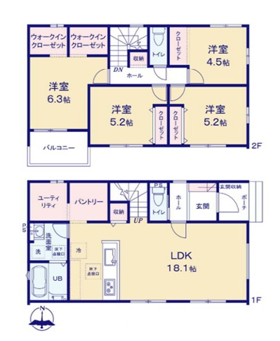 【間取り】 | 高崎市島野町　新築住宅 | 広々とした18.1帖のLDKに加え、パントリーやユーティリティ、2つのウォークインクローゼットなど充実した収納・家事動線が魅力。全4室の洋室を備え、ファミリーでも快適に暮らせる4LDKです♪