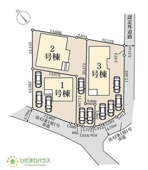 【区画図】 | 第1常総市収納谷　新築戸建　1号棟 | カースペースは3台分確保!(^^)!
（1号棟）