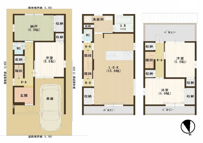 【間取り】 | 生野区舎利寺1丁目 | 3階建【4LDK＋車庫】2階に水廻り設備集約、家事ラク動線確保♪食洗機・浴室乾燥機完備☆3階、南向きのワイドバルコニーあります☆