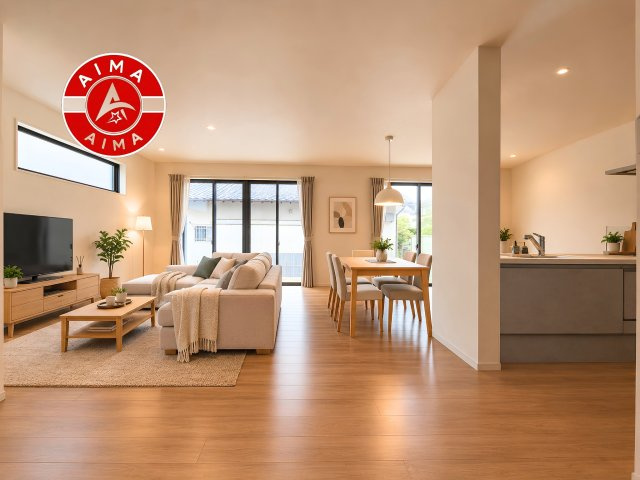 福岡市東区雁の巣2丁目第8-1棟(1号棟)の居間・リビング|キッチンからリビングをしっかり確認できます。家族の笑顔があふれる空間になりそうですね。※家具はCGを合成したものです。