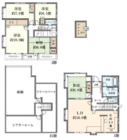 【間取り】 | 世田谷区上用賀邸 | ５LDK+フリールームがあります。フリールームの一つは、シアタールームに改装しました。