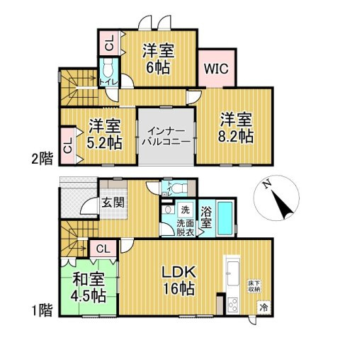 泉佐野市上瓦屋1号棟・2号棟の間取り|1号棟　2,880万円　土地127.89㎡　建物107.64㎡