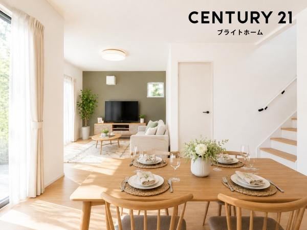 横浜市泉区和泉町の新築一戸建の居間・リビング|自慢したくなるリビング！
形も良く家具の配置にも困りません。
※家具等はＣＧでの参考レイアウトです。
