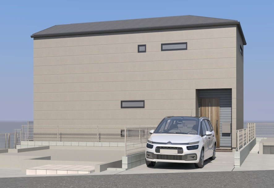 【横浜市南区清水ケ丘220-2全3棟新築戸建て】★仲介手数料無料★（太田小学校・蒔田中学校）の外観パース|シンプルでスタイリッシュな箱型フォルムが特徴の外観です。落ち着いたカラーリングとスッキリしたデザインが調和し、長く愛着を持って暮らせるモダンな住まいです。