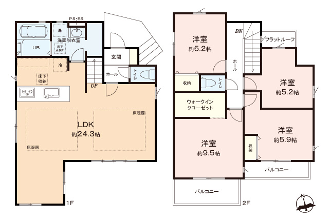 富士見市関沢２丁目の新築一戸建の間取り|20帖超のLDK、部屋数豊富な4LDKの間取りです。大型のウォークインクローゼットや洗面室横の収納スペースなど、豊富な収納で快適に過ごせます。