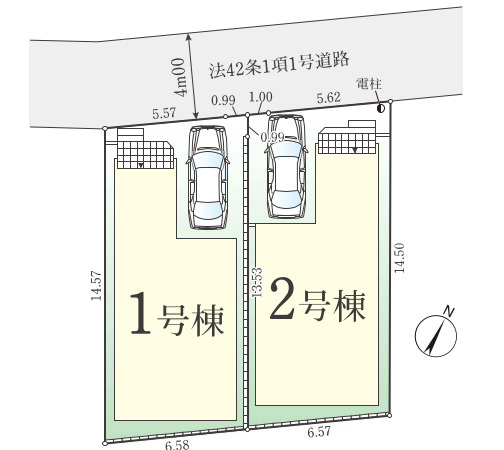 新築／ふじみ野市旭１期　全２棟の区画図|駐車スペースあり！（車種による）
