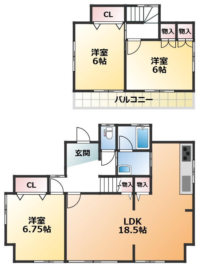 KEM宇都宮市弥生1期　中古戸建の間取り|全室南向きで陽当たりの良い間取りです