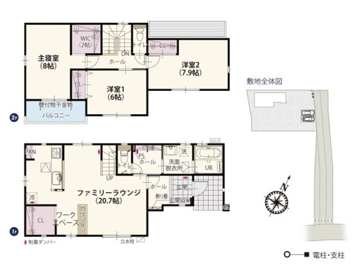 【間取り】 | LDKは広々とした約20帖！ワークスペースにカウンター付なので宿題も在宅ワークも行えます。2階は全居室南向きで明るくすごしやすい♪