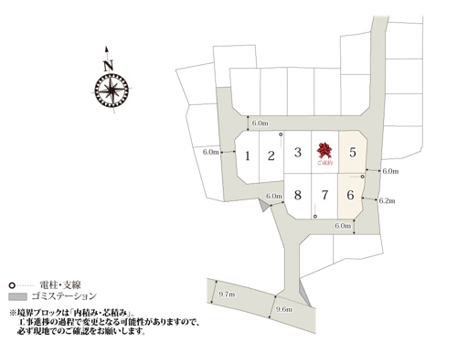 【区画図】 | 前面道路は幅員6.0mとゆとりがあり、お車の出し入れもラクラク。周辺も10区画以上の分譲地なので、ご近所付き合いも安心ですね。