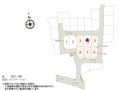 【区画図】 【区画図】 | 前面道路は幅員6.0mとゆとりがあり、お車の出し入れもラクラク。周辺も10区画以上の分譲地なので、ご近所付き合いも安心ですね。
